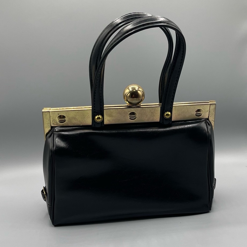 Vintage 1960s Faux Leather Handbag, Black, Ball Clasp, Framed, Art Deco